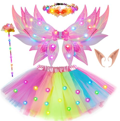 G.C Lumineux Déguisement Fée Fille LED Ailes de Fée Enfant avec Jupe Tutu Couronne de Fleurs Baguette Magique Oreilles Elfe Costume Carnaval Deguisement Halloween Noël pour Fille