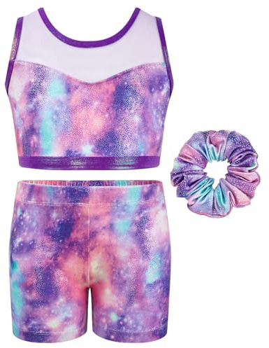 JiAmy Two Piece Gymnastics Leotards for Girls, Sleeveless Sparkly Dance Biketards with Shorts Ballet Tumbling Outfit purple 5-6 Years