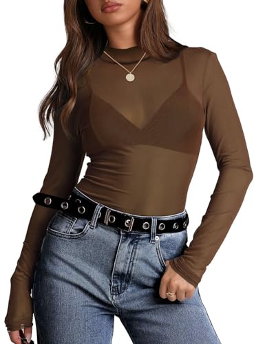 Sheer Tops for Women Long Sleeve Shirts Sexy Mesh Tops for Party Lightweight Coffee M