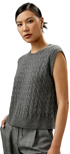 LilySilk Damen 100% Kaschmirweste Frauen Rundhalsausschnitt ärmelloses Zopfmuster-Strickpullover Weiche warme lässige Stil-Tanktops(Mittelgrau,M)