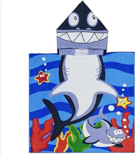 Ichigo Ichie Toalla con Capucha para Niños de 3 a 7 Años, Poncho de Playa Infantil 60 x 90 cm, Suave y Súper Absorbente, Ideal para Piscina, Playa y Baño, Diseño de Tiburón Oscuro