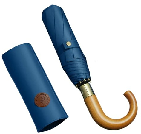 Gyios Regenschirm Herren Automatischer Klappschirme-10-rib-windschutz & wasserdichte Golfschirme Mit Holzgriff-großer Reisebrolly Für Regen Sonne-blau