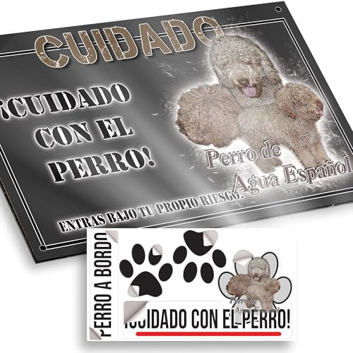 Perro de Agua Español Cuidado con el Perro Cartel 15x9,5cm - Diseño Antracita Dibond con Pegatina Coche - Cuidado Perro