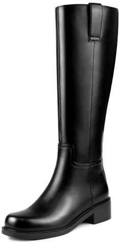 HEIFIN Black Knee High Boots for Women Flat Long Tall Riding Chunky Low Heel Round Toe Leather Spring Winter 2026 Campus Going Out Side Zipper Boot