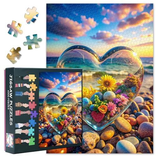 Flowers Jigsaw Puzzles, Heart Shaped Glass Puzzle for Adults 1000 Pieces, Impossible Hard Difficult Challenging Puzzles for Adults, Beach Puzzle for Adult 20X27 INCH