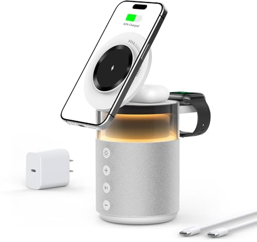 3-in-1 Bluetooth-Lautsprecher mit Nachtlicht und kabellosem Ladegerät, dimmbare Nachttischlampe mit Induktionsladestation – Kompatibel mit iPhone 17/16/15/14/13/12 Pro Max, Apple Watch 33W (Weiß)