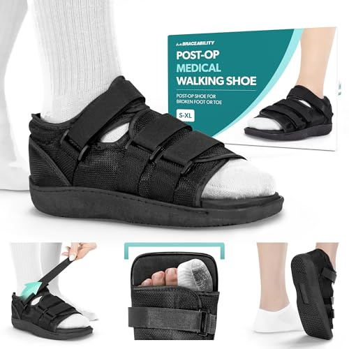 BraceAbility Zapato postoperatorio para pie o dedo roto | Bota médica/quirúrgica para escayola, abrazadera para fracturas por estrés y sandalia ortopédica con suela dura (pequeña - hembra)