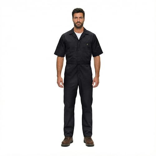 Natural Uniforms Mens Short Sleeve Zip Up Coverall, Stain and Wrinkle Resistant (Black, Large)