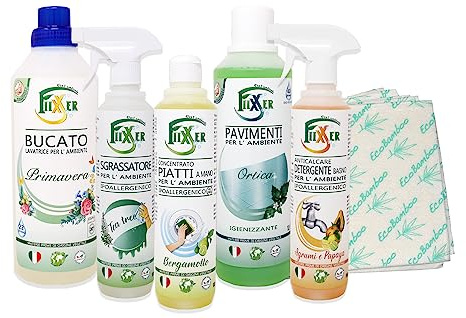 Fiixxer Detergente ecológico para lavadora e higienizante para suelos, concentrado para platos, limpieza de la casa, desengrasante universal y limpiador antical (juego de 5) fragancia primavera