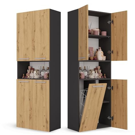 CDF Armoire Haute Salle de Bain Meuble Colonne de Salle de Bain Armoire de Rangement à 4 Portes avec Etagère Réglable pour Salon Cuisine - 60x30x174 cm Anthracite/Chêne Artisan - 1 Panier à Linge