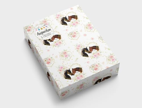 Geschenkpapier für Mädchen Pferd Geschenkverpackung für kleine Geschenke Kindergeburtstag Mitgebsel Gastgeschenke verpacken Kindermotiv (12 Bögen in DIN A3 + 12 Aufkleber + 50 Verschlusspunkte)