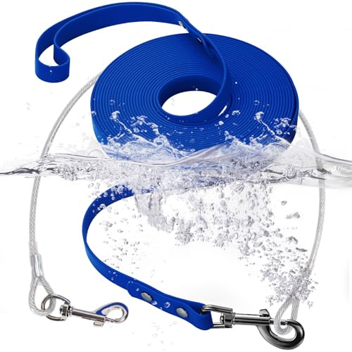 Wasserdicht Schleppleine für Hunde,mit Chew Proof Tie-Out Leinen,Wasserdicht Trainingsleine für Hunde(Blau,15m)
