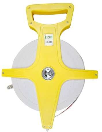 HKB ® 1 Stück Maßband, Rollmaßband, 100 Meter Bandmaß mit Fiberglasband, Kunststoff gelb mit ergonomischem Handgriff, ausklappbare Kurbel, 2 Skalen: Meter und Feet, Hersteller HKB, Artikel-Nr. 50749