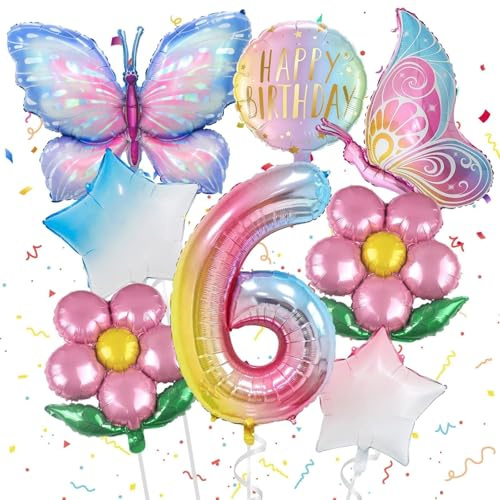 8 Stück Schmetterlinge Luftballons Set, Geburtstagsdeko 6 Jahre Mädchen | Folienballon Schmetterling, Ballons Blumen & Sternen, Happy Birthday Ballon, mit Band, für Kindergeburtstag Deko, Themenparty