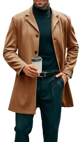 Runcati Manteau long pour homme - Coupe ajustée - Col côtelé - Veste d'hiver à boutonnage simple - Survêtement d'affaires
