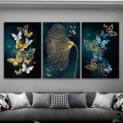 NXMYDBD Schmetterlingsblatt 3-teiliges Wandbild, Drucke, Wohnzimmer, Wandkunst, Leinwandgemälde, Schlafzimmer, Wandplakat, Heimdekoration, Bilder, 50 x 70 cm (20 x 28 Zoll) x3, ungerahmt