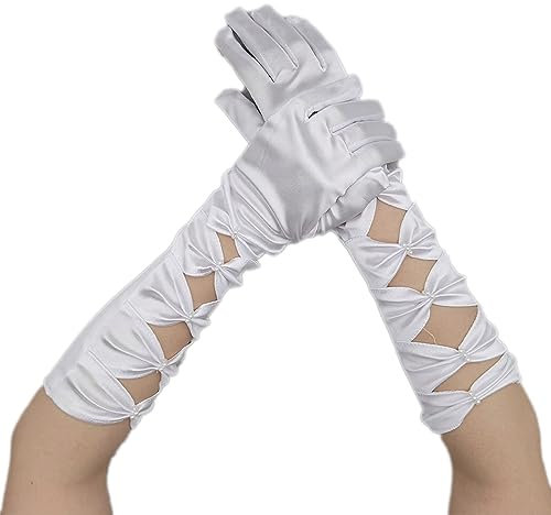 Blausky Handschuhe Damen Elegant,Abendhandschuhe,Satin Fäustlinge,Lange Satin Handschuhe,Hohler Handschuhe mit Schleife,Vintage Opernhandschuhe für Damen Hochzeit Abschlussball Teeparty,Weiß