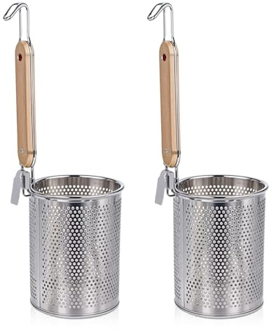 2 Pack Pasta Basket for Boiling Stainless Steel Food Strainer with Wood Handle Spaghetti Spoon Fine Mesh Colander for Pasta Noodle Dumpling (4.5D x 14.6H)