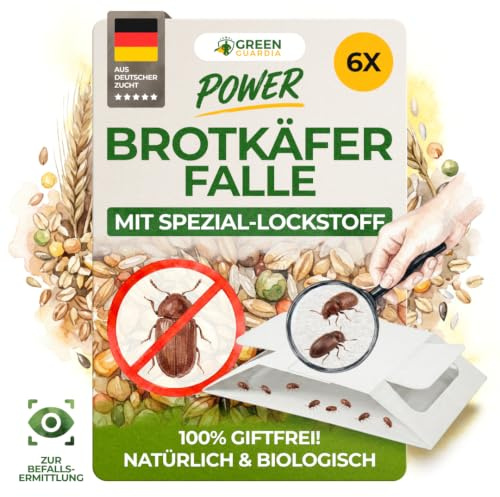 GREEN GUARDIA Brotkäfer Falle mit Spezial-Lockstoff - 6x Brotkäfer Fallen - umweltfreundlich Brotkäfer bekämpfen, Chemiefreie Falle mit starker Klebefläche, giftfrei & geruchsneutral