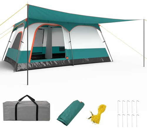 COSTWAY Tienda de Campaña 4-10 Personas, Porche, 2 Habitaciones, 2 Puertas, 2 Ventanas de Malla, Tienda de Campaña Familiar Grande, Capa Doble para Camping, Picnic (420 x 305 x 200 cm)