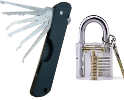 Schwarzes 7-teiliges faltbares Lockpicking-Set mit transparentem 2-in-1-Trainingsschloss, coole Gadgets für Männer und Anfänger, Pro Schlosser