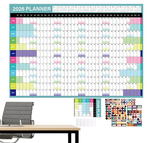 Planificateur Mural 2026, Grand Graphique De Calendrier Mural Avec Ruban Adhésif Et Autocollants, 2026 Planificateur Annuel, Affiche Annuelle, Tableau De Travail Annuel Pour Bureaux Maison