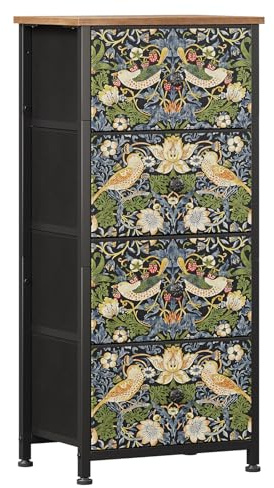 Welfuturer Bedroom Chest of Drawers with 4 Fabric Drawers Strawberry Thief Dresser Vintage Storage Tower Unit Nightstand for Living Room Hallway Kids Room Closet Sturdy Steel Frame Wooden Top