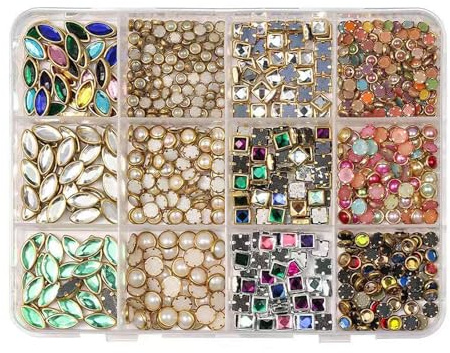 Lot de 12 compartiments de strass et de perles pour ongles - Breloques 3D multi-format - Pierres à paillettes pour nail art - Accessoires de décoration des ongles en gel - Bijoux de manucure