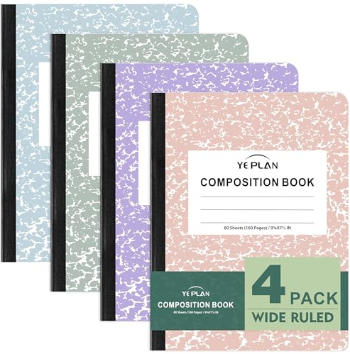 Composition Notebooks 4 pack, Wide Ruled Notebook Paper, 9 3/4 x 7 1/2, 80 Sheets/160 Pages, Pastel Marble Hard Cover Composition Notebook, Aesthetic School & Office Supplies (4, Pastel Colors)