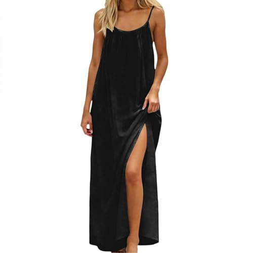 Vestido de verano para mujer, espalda descubierta, vestido largo con abertura lateral, tirantes delgados, monocolor, elegante, vestido de playa, plisado, maxivestido bohemio, vestido de ocio, vestido