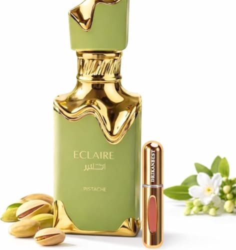 Perfume Eclaire Pistache Eau de Parfum 100 ml Unisex | Perfume Árabe Gourmand Dulce y Cremoso de Larga Duración | Notas de Pistacho y Vainilla | Incluye Atomizador Recargable 5 ml Drikanbest de Regalo