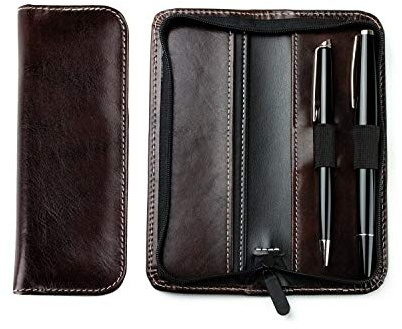 DELMON VARONE - Personalisierbares Schreibgeräteetui aus Vintage Anilin Leder braun, Echtleder Stifteetui mit Reißverschluss für 2 Schreibgeräte, Federtasche für hochwertige Kugelschreiber & Füller