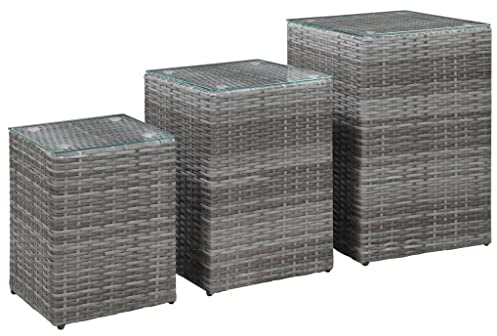 vidaXL Beistelltisch 3-TLG. mit Glasplatte Satztisch Sofatisch Kaffeetisch Couchtisch Wohnzimmertisch Teetisch Esstisch Grau Poly Rattan
