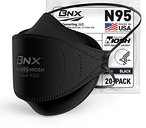 BNX N95 Mask NIOSH Certified MADE IN USA Particulate Respirator Protective Face Mask, Tri-Fold Cup/Fish Style, (20-Pack, Approval Number TC-84A-9362 / Model F95B) Black