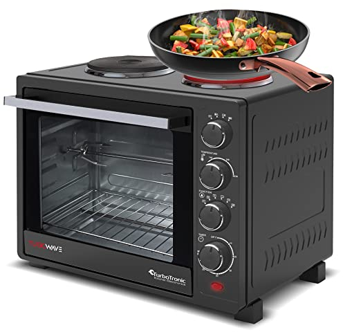 Turbotronic Mini four avec chaleur tournante et plaques de cuisson / 35 l/noir / 3200 W, mini four avec minuteur, four à pizza, tournebroche, plaque de cuisson, éclairage intérieur