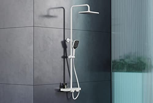 BERNSTEIN® Duschsystem mit Thermostat BS371 Weiß matt, Regendusche Duschsystem, Duschbrause mit Anti-Kalk-Düsen, Höhenverstellbare Duschstange -Farbe: Weiß/Schwarz matt, Form: Eckig
