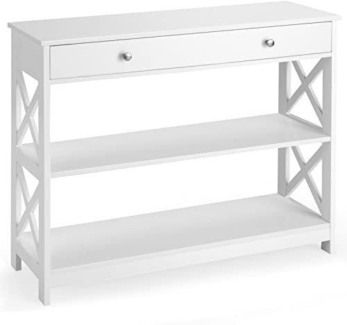 LIFEZEAL Tavolo Console a 3 Livelli, Tavolo Consolle in Legno, Tavolo d’Ingresso Sottile e Stretto, con 1 Cassetto, per Soggiorno, Corridoio, Montaggio Facile, Peso Max 95 kg, 100x30x80cm, Bianco