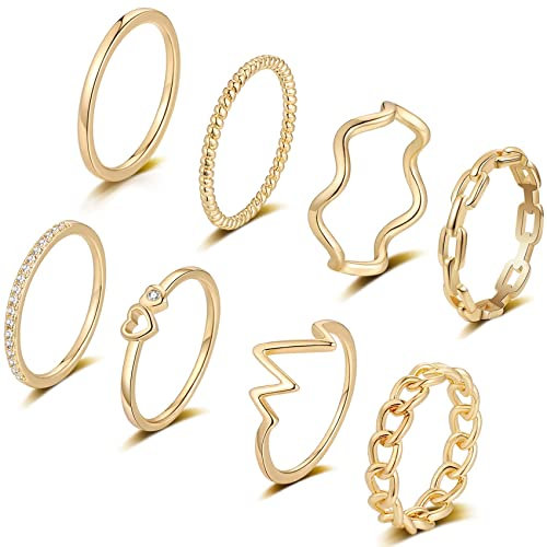 FUNEIA 14 Karat Vergoldet Ringe Set Gold Damen Stapelringe Fingerring Sliver für Frauen Herz CZ Dünn Verlobungsring Eheringe Wasserfest Schmuck (Gold Set 1, 60（18.9）)