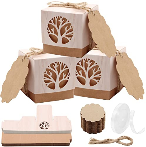 Ronde Boîtes à Dragées Baptême en Forme de Arbre de Vie, VEGCOO 50PCS Boite Communion, Coffret Bonbons Baptême avec Corde, Boîte Cadeau Mariage