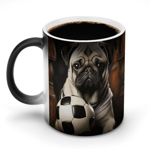 NWTRK 11oz Ceramic Coffee Mug Heat Sensitive Magic Coffee Mug Color Changing Coffee Cup Pug Dogs With Soccer Ball Football Tea Cup for Women Men