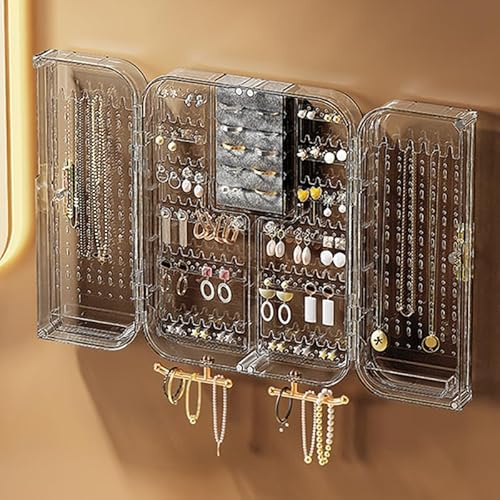 JINBIXIN Joyero de pared para colgar en la pared, organizador de joyas con puerta magnética, armario transparente para joyas, collares, pulseras, pendientes, 7 x 20 x 27 cm (gris)