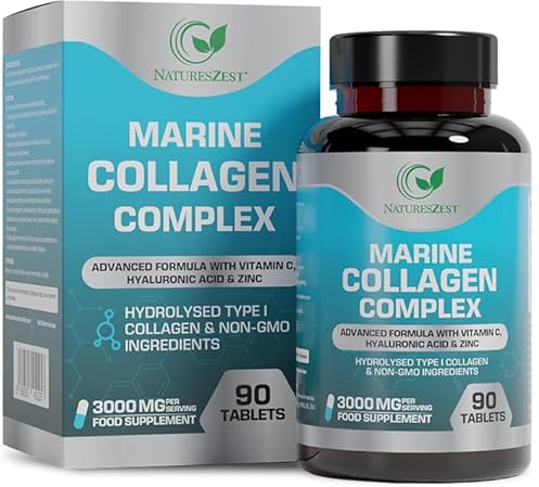 Marine Collagen Tablets 3000mg, Hydrolysed Collagen Supplements for Women and Men with Vitamin C, Zinc & Hyaluronic Acid – 90 Tablets (not Collagen Capsules) for Skin, Hair, Nails and Bones