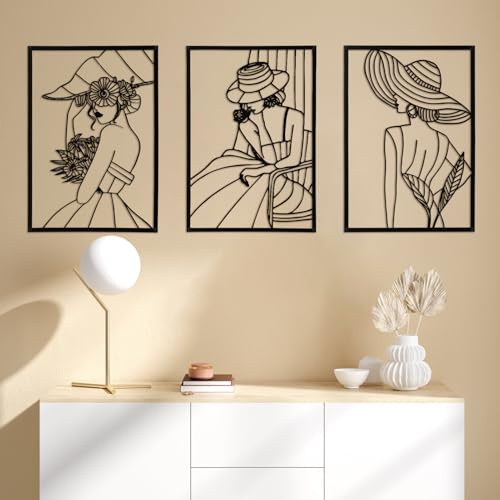 EOJDDPA Wanddeko Metall 3er Set, Abstrakte Frau Silhouette mit 3D Effekt für Schlafzimmer & Wohnzimmer, Metall Wanddeko Rostfrei & Einfache Montage