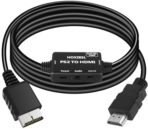 HOXIBSL Adaptateur convertisseur PS2 vers HDMI, avec prise audio de 3,5 mm. Câble HDMI pour PS1/PS2/PS3, prend en charge la mise à l'échelle d'image 16:9/4:3, Plug and Play (2,5 m)