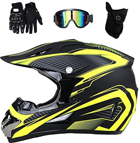 Integral MTB Casco de Motocross, con Gafas Guantes Mascarilla, Juventud Niño Todoterreno Motocicleta ATV Cascos, Cuesta Abajo Carreras de Enduro Quad Dirt Bike Casco(Yellow,S/52-53CM)