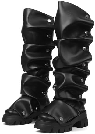 femflame Platform Boots Fold Over Knee High Boots Slouchy Ruched Stacked Heel Round Toe Boot Pull On Leather Wide Calf Tall Fall Long Boot