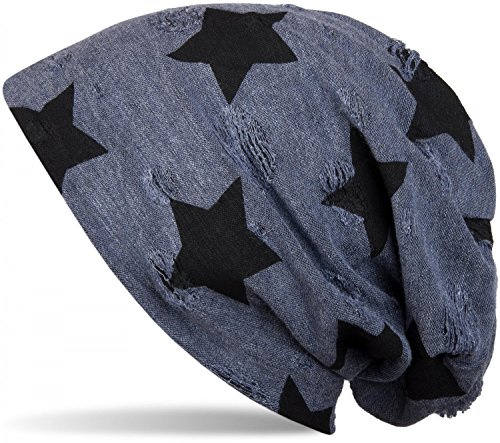 styleBREAKER Unisex Stoff Beanie Mütze mit Sterne und Vintage Punkte Muster, mit Rissen im Destroyed Used Look 04024046, Farbe:Blau