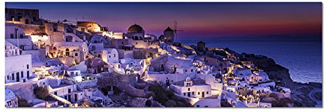 Paul Sinus Art Panoramabild auf Leinwand und Keilrahmen 150x50cm Griechenland Santorini Vollmond Meer Nacht