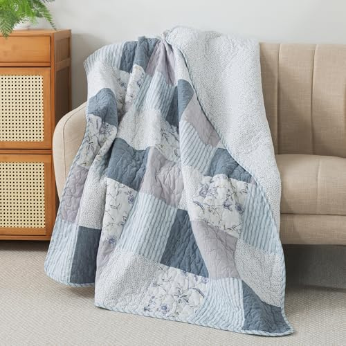 SLPR Cotton Quilted Throw Blanket, 50 x 60 Floral Farmhouse Patchwork Quilt, Shabby Chic Patchwork Throw Lap Quilt for Couch, Coastal Dream