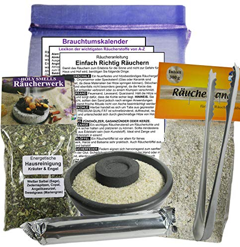 Räuchern 8-TLG Starter Profi Set mit Hausreinigung RÄUCHERWERK + Zange + 10cm Räucherschale + Kohle + Sand + Anleitung + Räucherstoffe-Lexikon + Brauchtumskalender + Stoffbeutel. 81840-1SZ